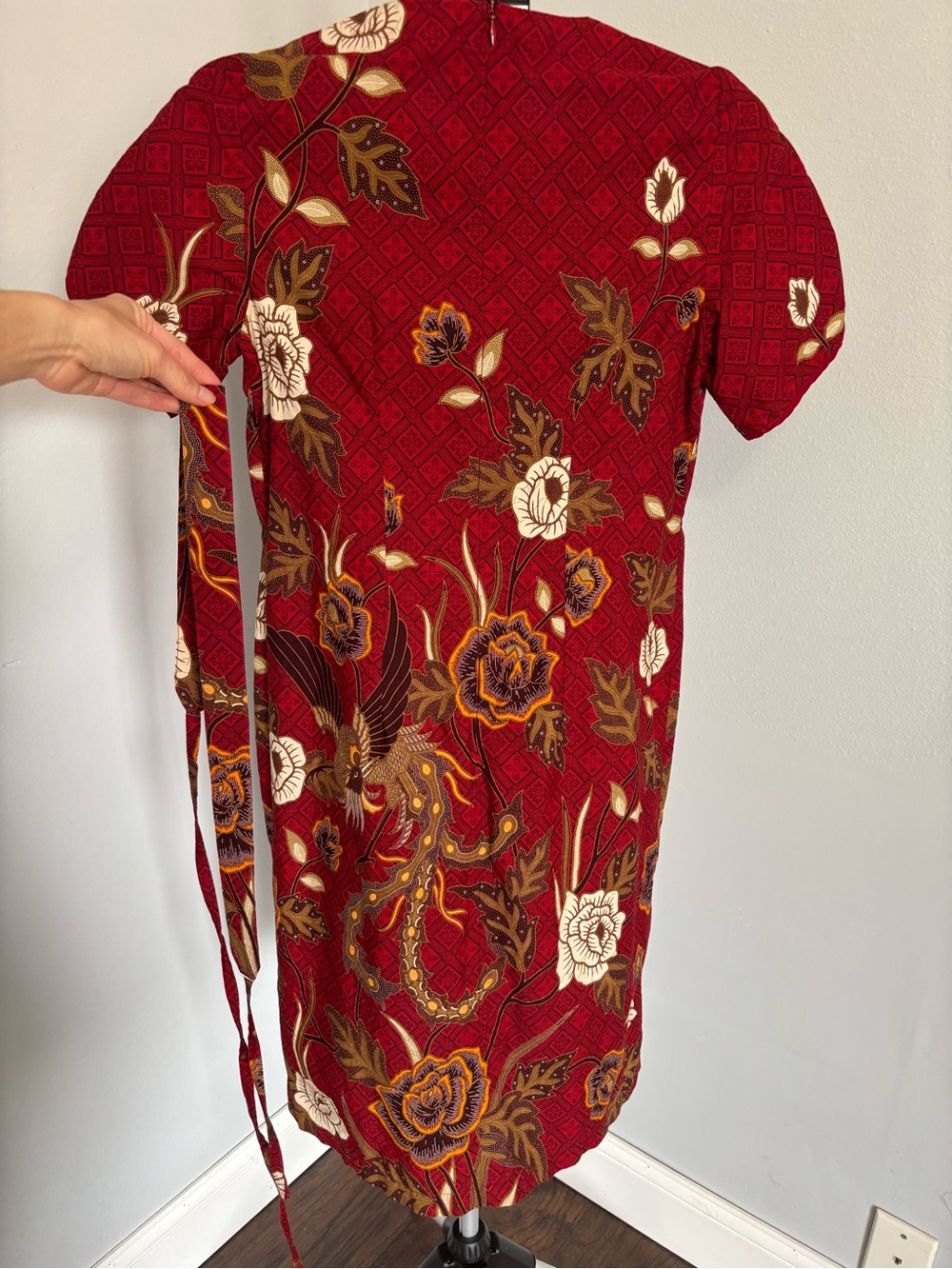 Deep Red Batik Floral Sheath Dress XS - Picture 9 of 16